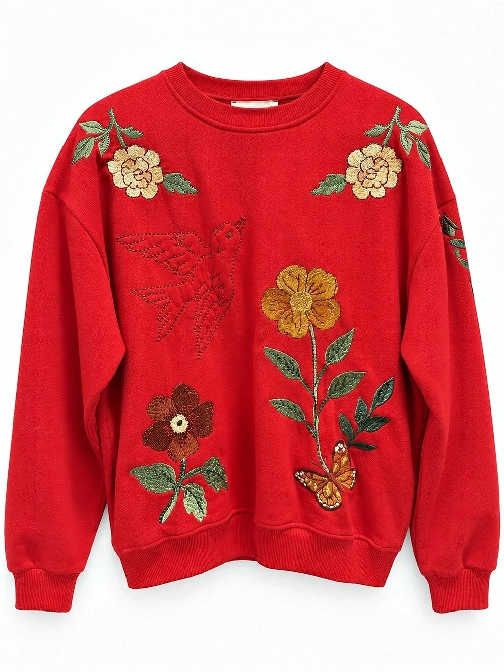 Free People x Denim and Bone Red Floral Embroidered Sweatshirt XS